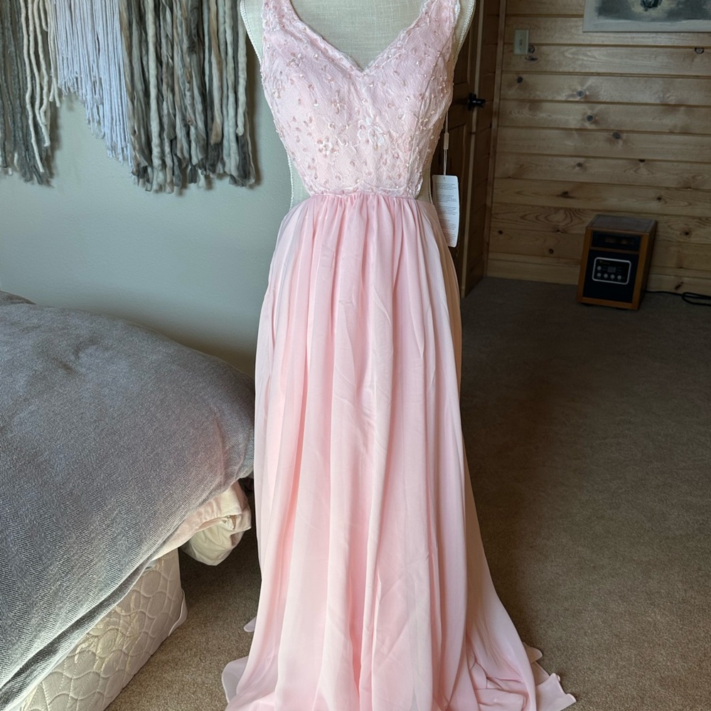 Stacee’s NWT prom dress in blushing pink